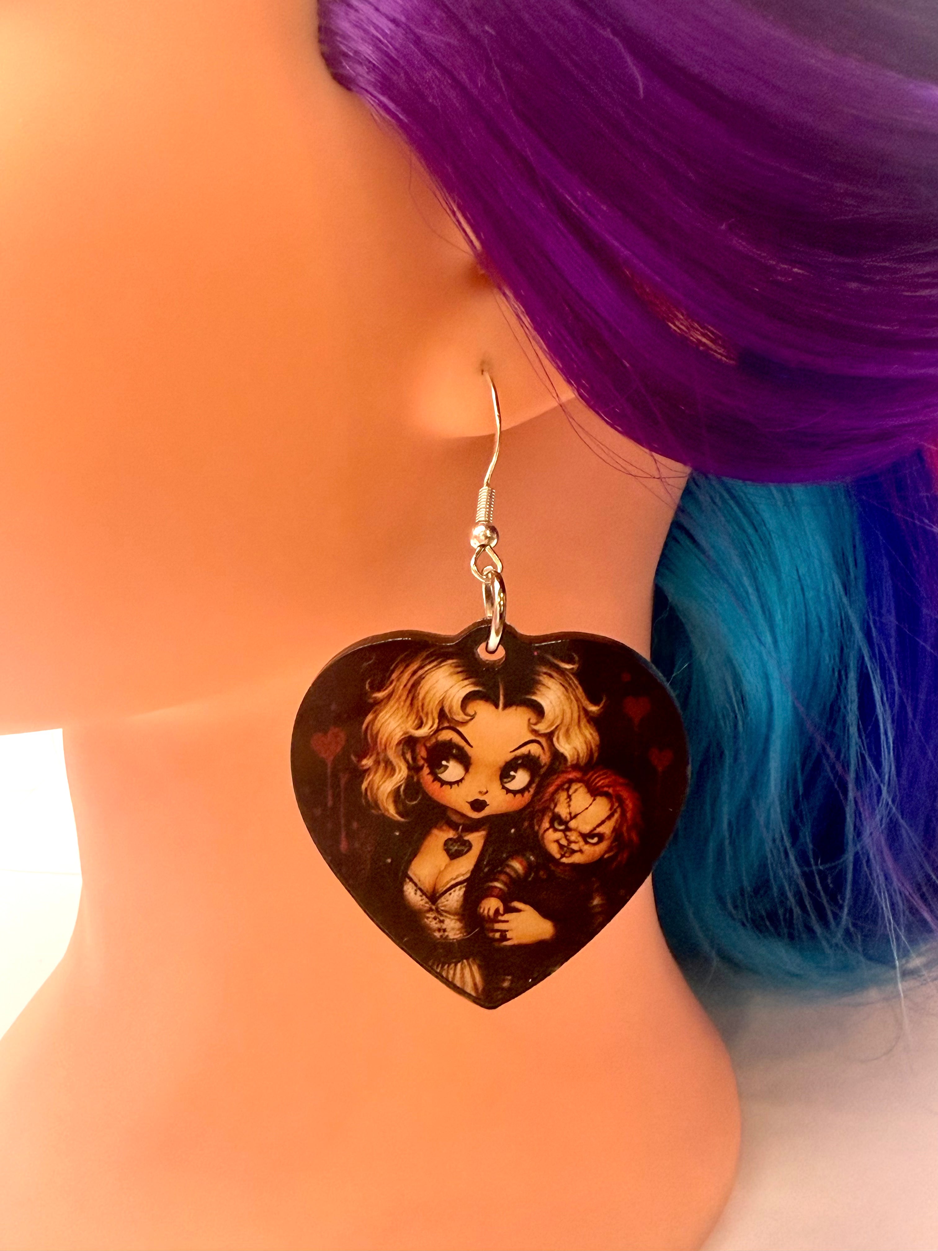 Pin-Up Killer Doll Couple Heart Acrylic Earrings