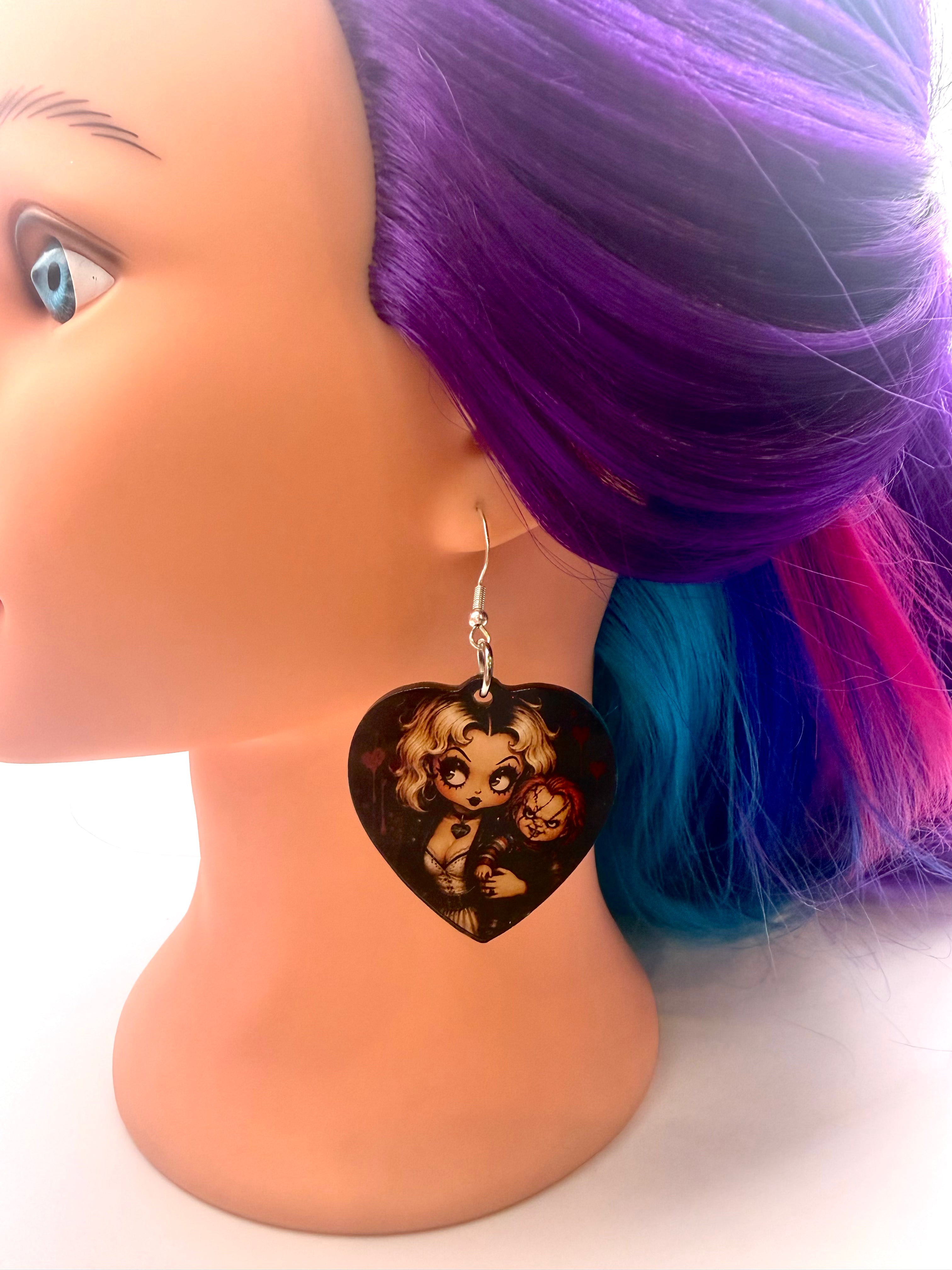 Pin-Up Killer Doll Couple Heart Acrylic Earrings