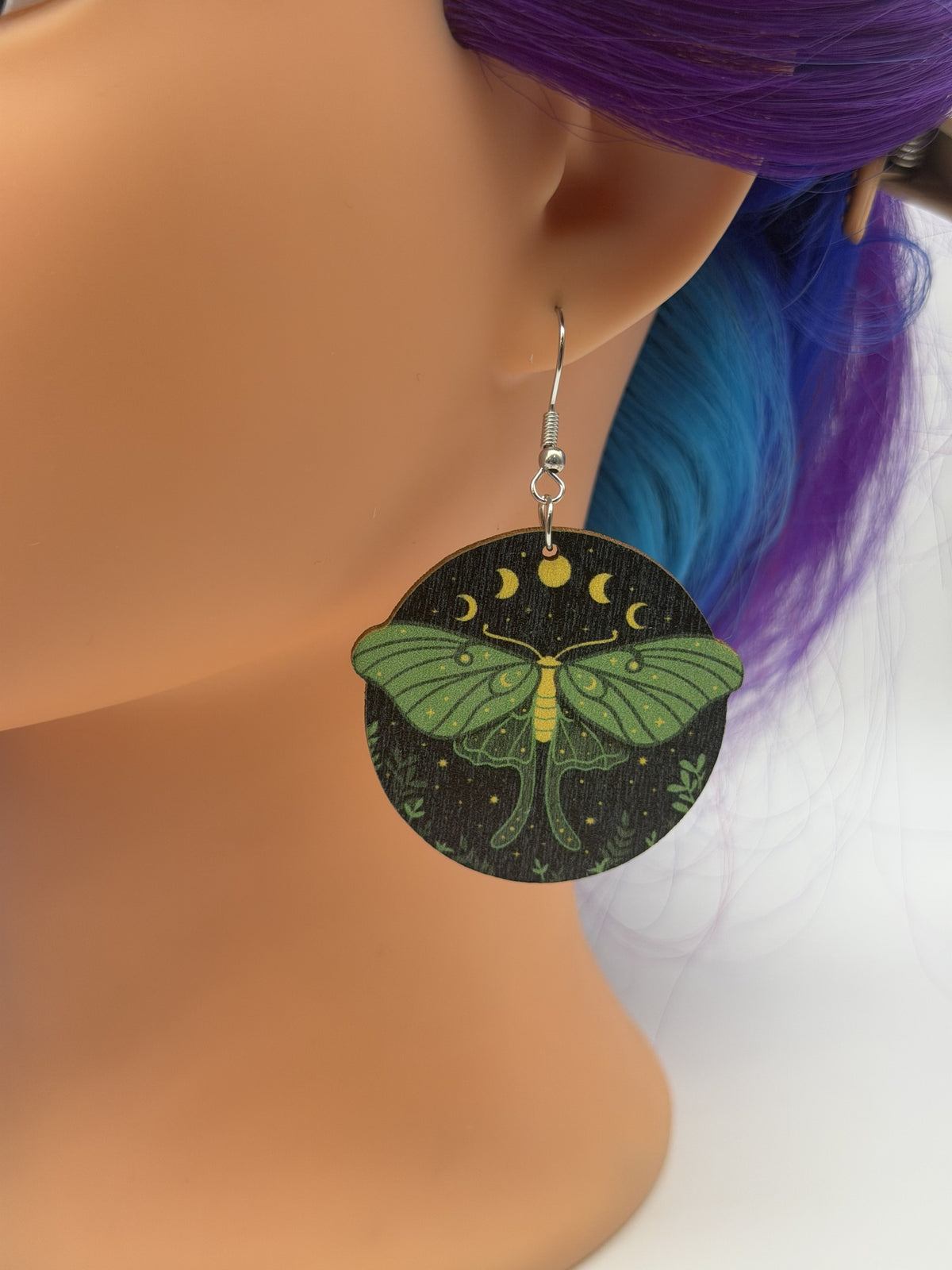 Moon Phase Moth Witchy Wood Earrings