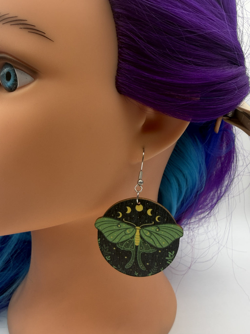Moon Phase Moth Witchy Wood Earrings