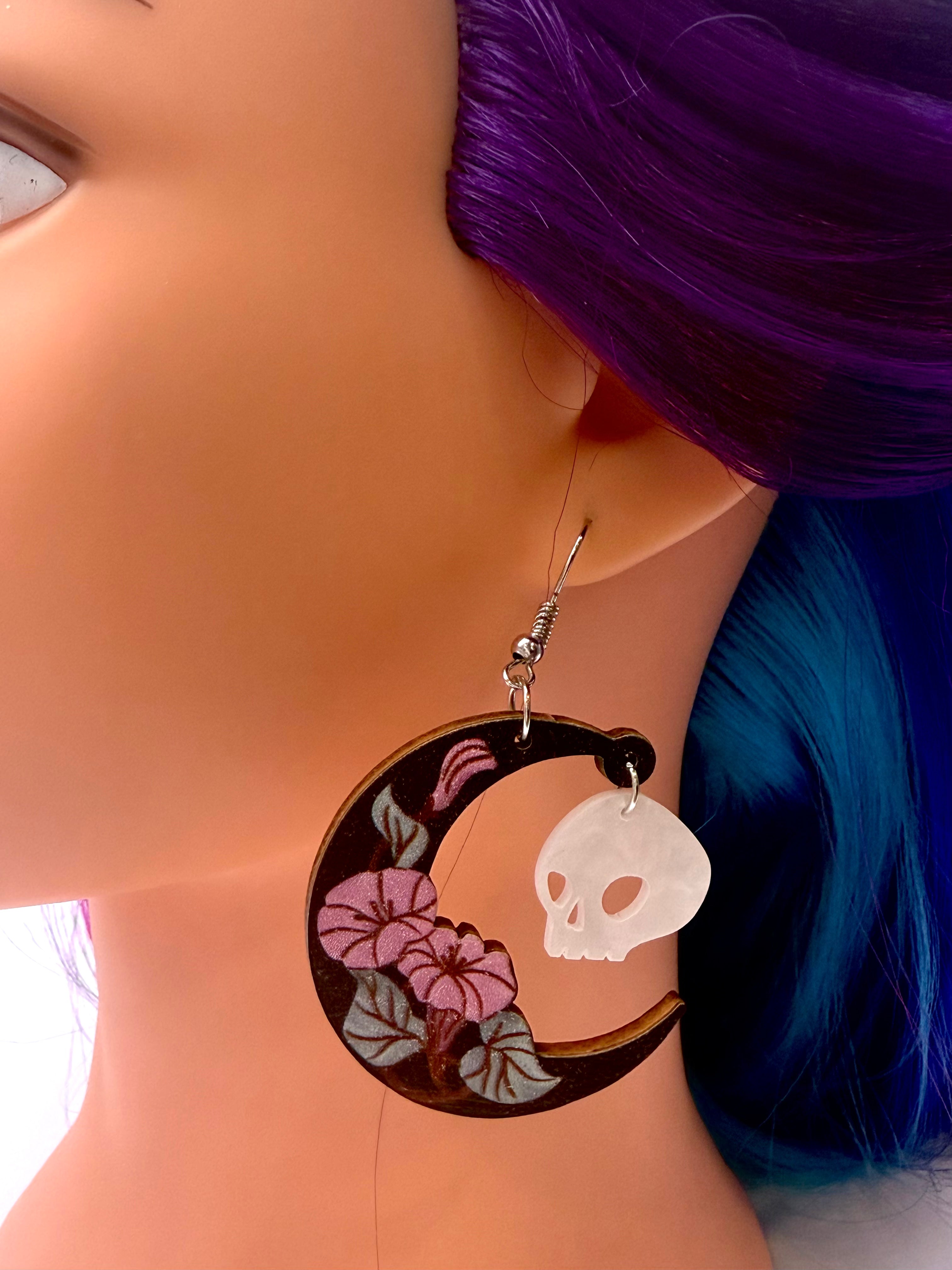 Crescent Moon Skull Drop Earrings