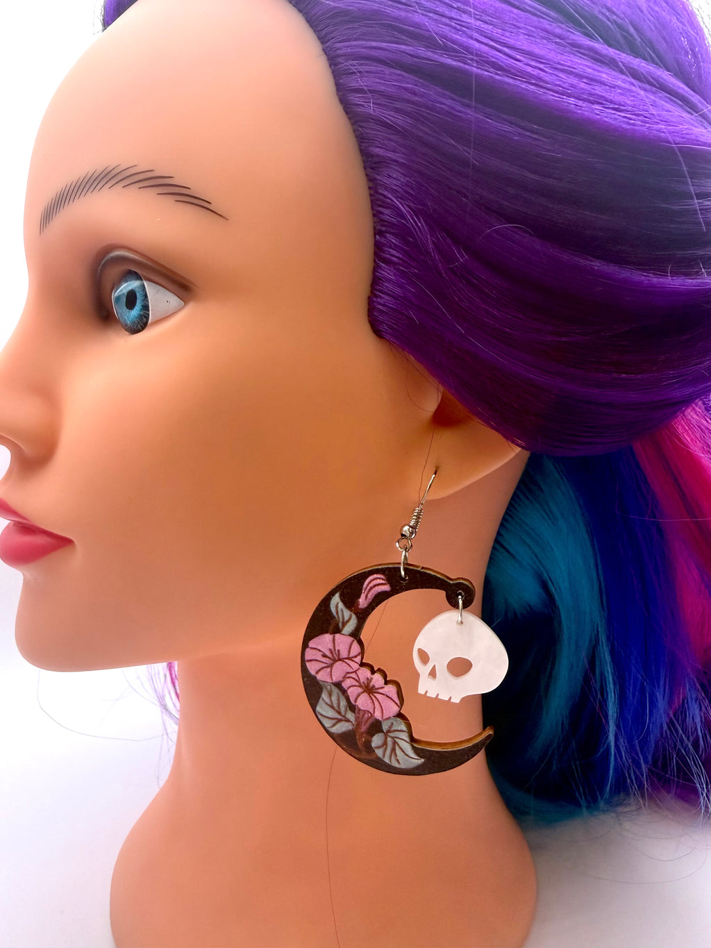 Crescent Moon Skull Drop Earrings