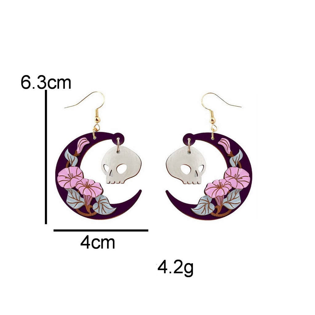 Crescent Moon Skull Drop Earrings